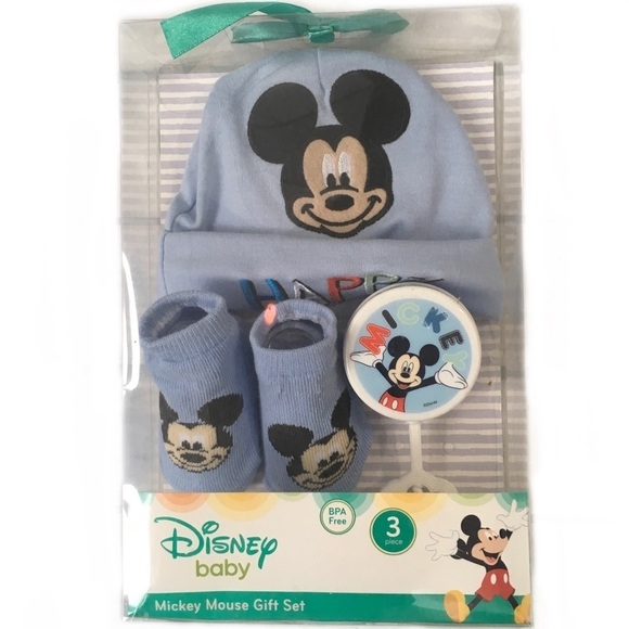 Disney Mickey Mouse Baby Beanie Hat Bootie Socks Rattle 3 Piece Gift Set Blue - Picture 1 of 9